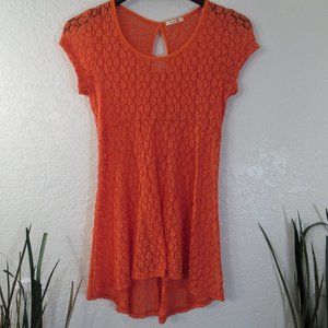 Lovely153 Dress Sz M Orange Lace Hi Lo Mini Floral